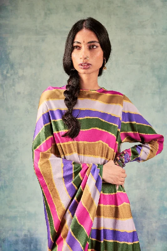 Stripes Printed One Sleeve Dress With Cowl Pants Comfy High-Waist Jeans