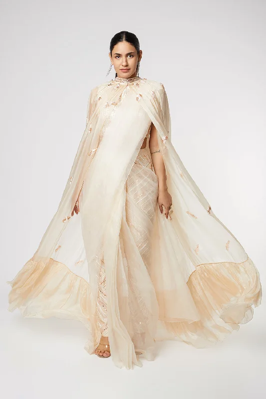 Golden Embroidered Pant Saree With Cape Relaxed Lounge Trousers