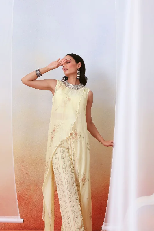 Off White Pant Set With Embellished  Drape Tunic Relaxed High-Waist Trousers