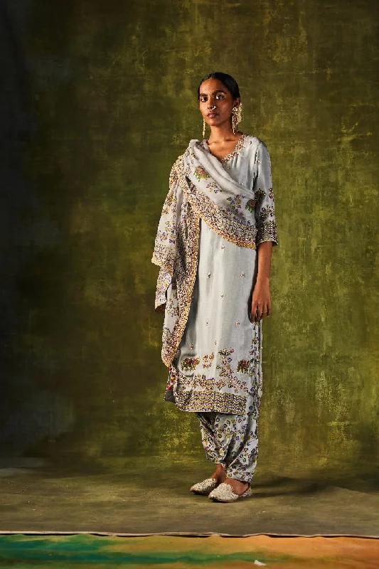 Grey Printed Gota & Marodi Kurta Set with Dupatta & Cowl Pants Chic Wool Trousers