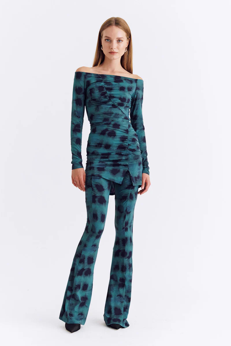Suboo Shibori Gathered Print Pants - Green Print Trendy Printed Pants