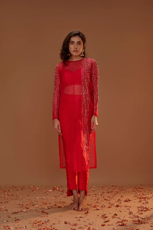 Red Organza Kurta With Pants Classic Straight-Leg Pants