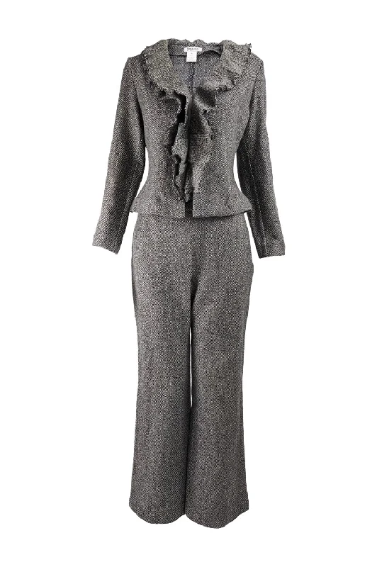Womens Vintage Wool Tweed Wide Leg Pant Suit, 1990s Elegant Trouser Pants