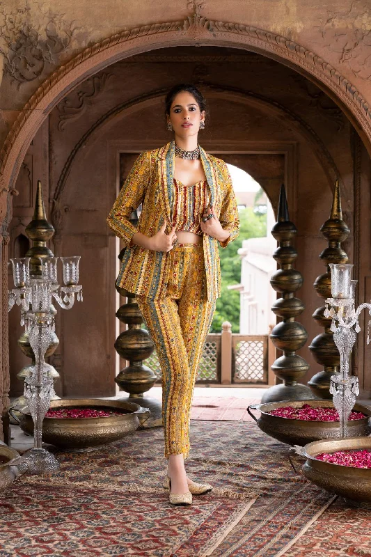 Yellow Printed Pant Suit With Inner Chic Checkered Pants