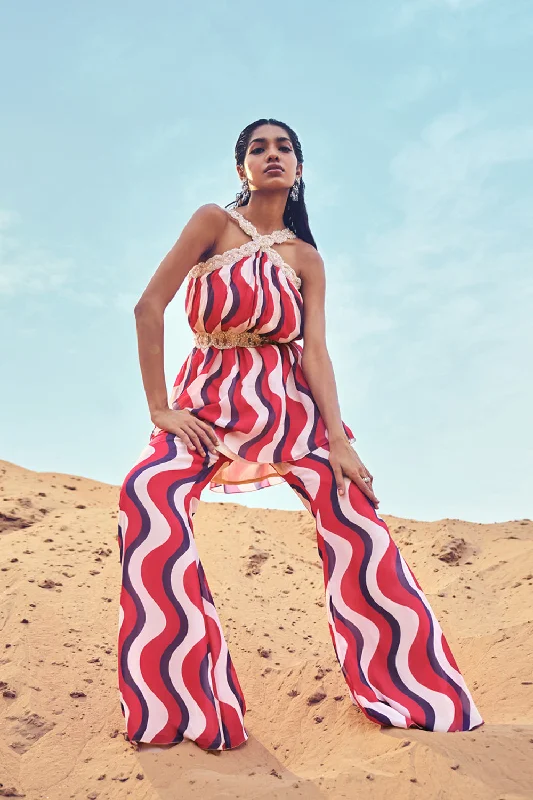 Swirl Print Halter Neck A-Line Top With Flared Pants Classic Bootcut Trousers