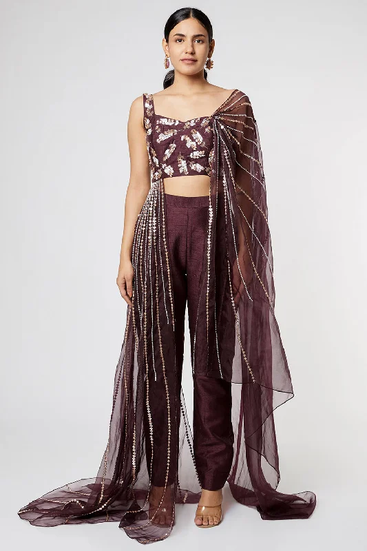 Wine Embroidered Pant Set Modern Skinny Pants