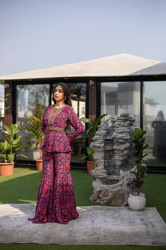Pink Embroidered Peplum Top and Sharara Pants Stylish Slim Trousers