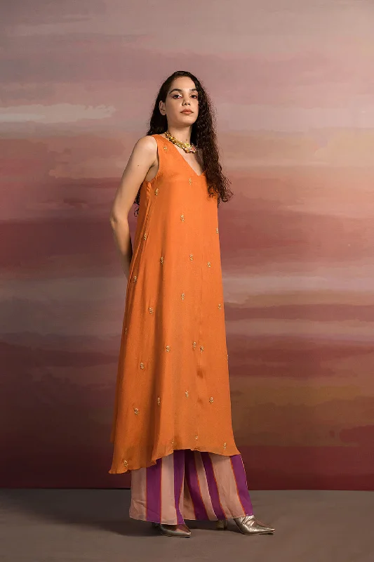 Embroidered Kurta And Striped Pant Set Cozy Full-Length Pants