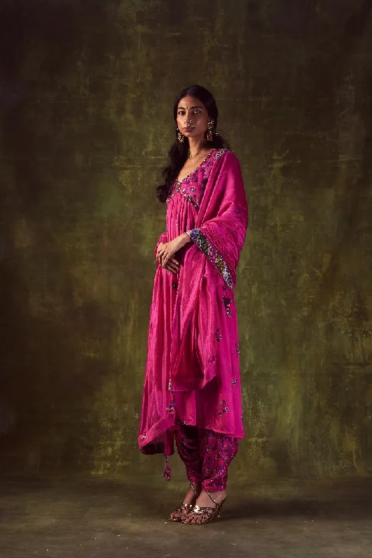 Pink Printed Anarkali & Cowl Pants Formal Slim Pants