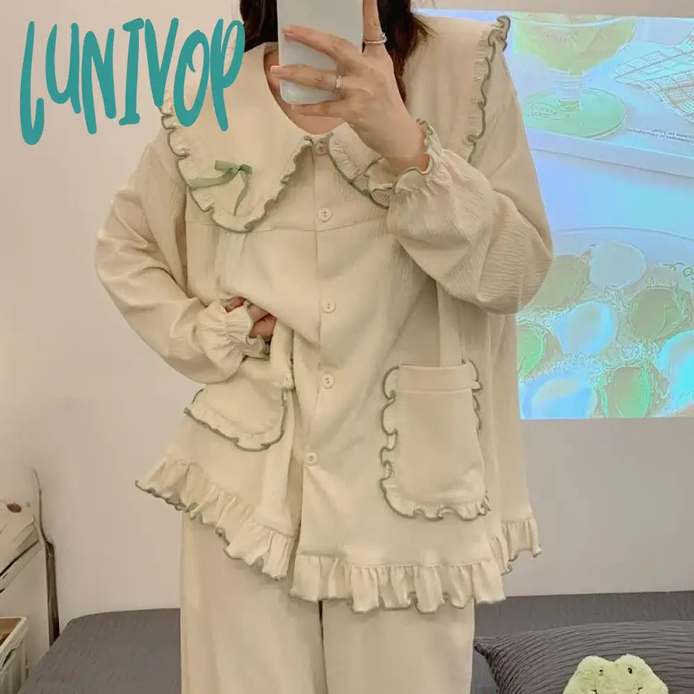 Lunivop Korean Fashion Pajama Set Ruffles Long Sleeve Tops High Waist Loose Pants Casual Sweet Home Clothes Women Two Piece Female Chic Faux Leather Pants Lunivop Korean Fashion Pajama Set Ruffles Long Sleeve Tops High Waist Loose Pants Casual Sweet Home Clothes Women Two Piece Female Chic Faux Leather Pants