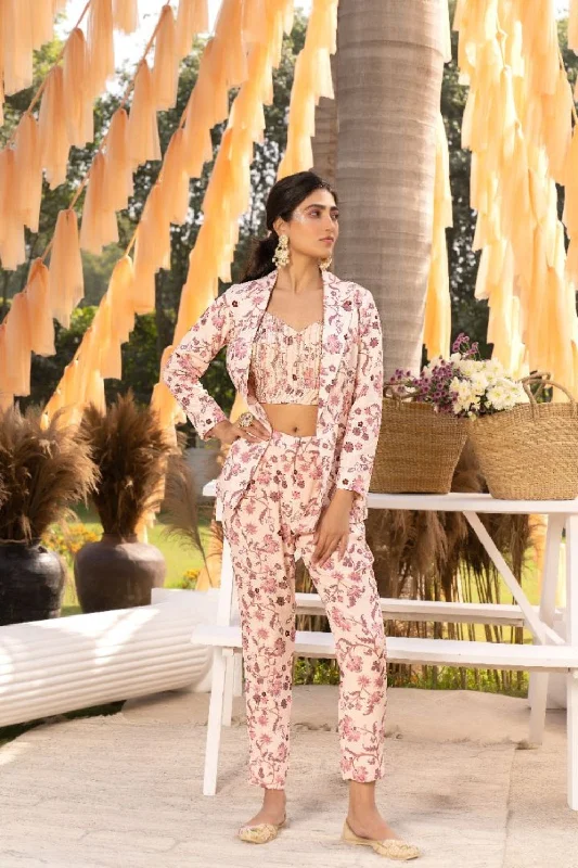 Nude Pink Printed Pant Suit Set Classic Chino Pants