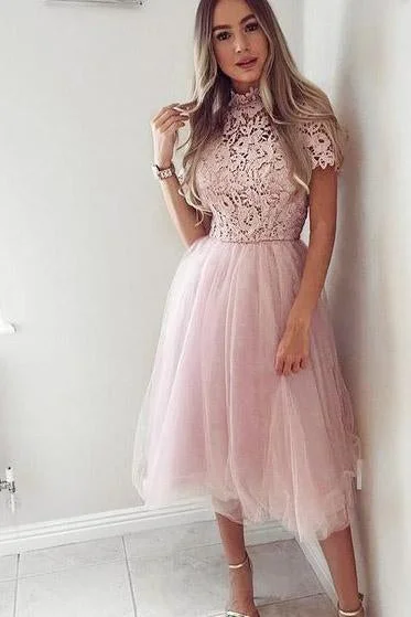 Pink Tea Length Tulle High Neck Short Sleeve Homecoming Dresses Short Prom Dress H1031 Pink Tea Length Tulle High Neck Short Sleeve Homecoming Dresses Short Prom Dress H1031