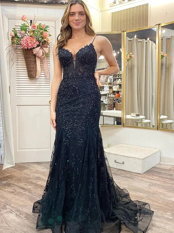 Charming Spaghetti Straps V-neck Mermaid Black Long Evening Prom Dress Online, OL040 Charming Spaghetti Straps V-neck Mermaid Black Long Evening Prom Dress Online, OL040