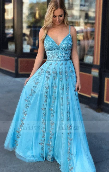 A-Line Spaghetti Straps Beading Prom Dress Floor Length Prom Dress