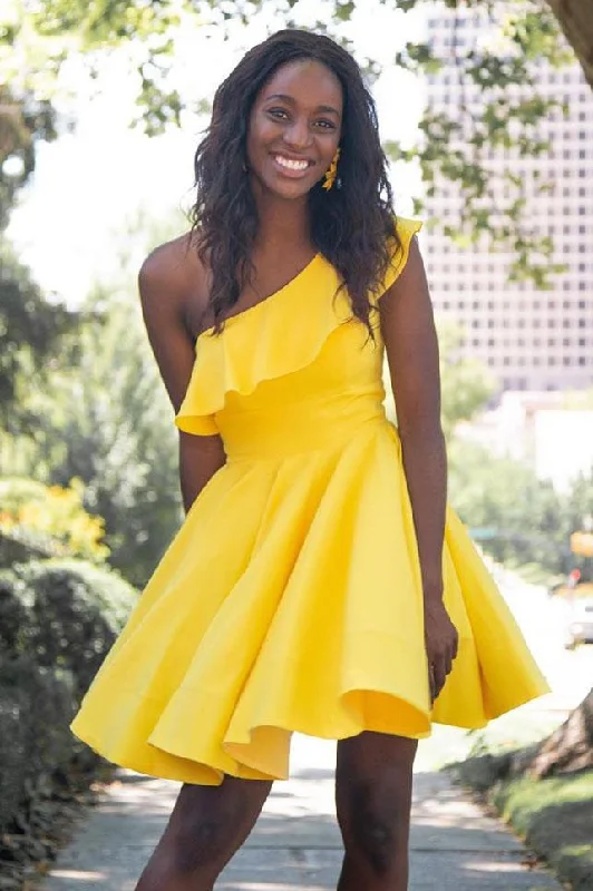 One Shoulder Yellow Satin Ruffled Above Knee Short Prom Dresses Formal Dresses H1207 One Shoulder Yellow Satin Ruffled Above Knee Short Prom Dresses Formal Dresses H1207