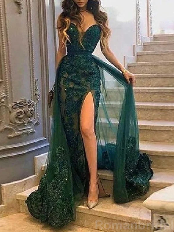 Sexy Applique Sweetheart Mermaid Side Slit Tulle Dark Green Evening Prom Dress Online, OL090 Sexy Applique Sweetheart Mermaid Side Slit Tulle Dark Green Evening Prom Dress Online, OL090