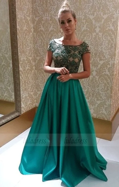 Short Sleeve Prom Dress,Long Stain Evening Dress