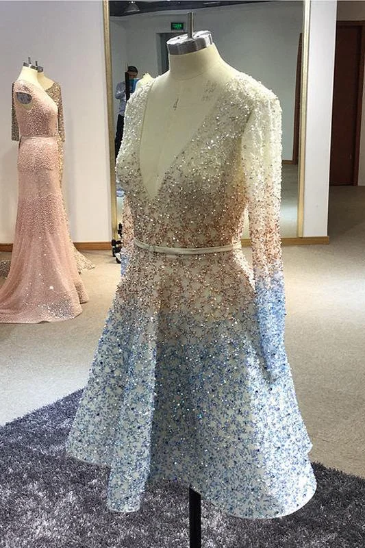 Stunning Beaded Sequins Long Sleeve V Neck Homecoming Dresses Short Prom Dresses H1083 Stunning Beaded Sequins Long Sleeve V Neck Homecoming Dresses Short Prom Dresses H1083
