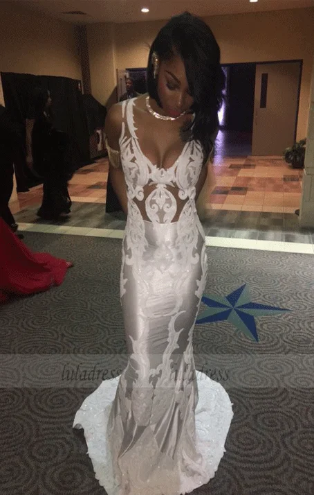 White Mermaid Prom Dresses Sleeveless Lace Evening Dresses