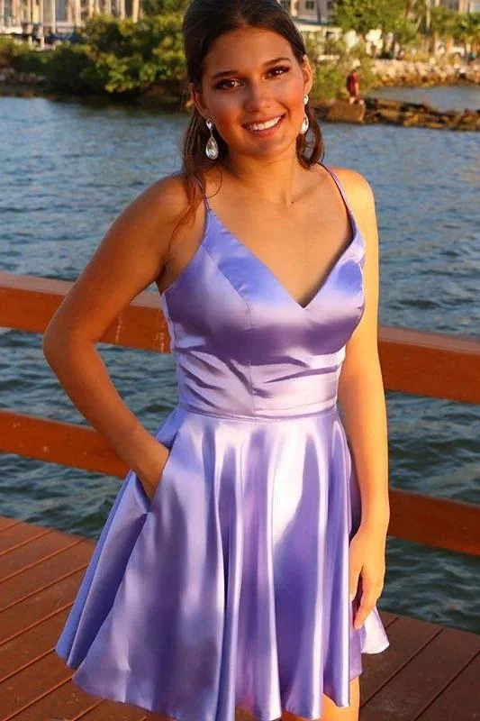Spaghetti Straps V Neck Lilac Homecoming Dress With Pockets Backless Prom Dresses H1201 Spaghetti Straps V Neck Lilac Homecoming Dress With Pockets Backless Prom Dresses H1201