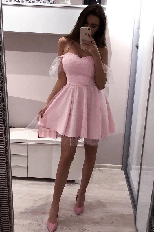 Pink Polka Dot Off the Shoulder Homecoming Dresses Sweetheart Neck Mini Hoco Dress H1041 Pink Polka Dot Off the Shoulder Homecoming Dresses Sweetheart Neck Mini Hoco Dress H1041