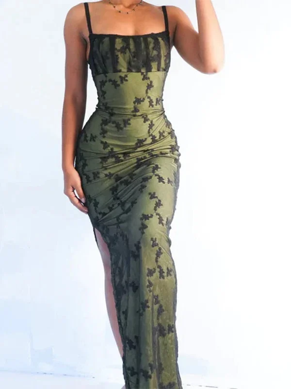 Sexy Spaghetti Straps Mermaid Moss Applique Side Slit Long Evening Prom Dress Online, OL052 Sexy Spaghetti Straps Mermaid Moss Applique Side Slit Long Evening Prom Dress Online, OL052
