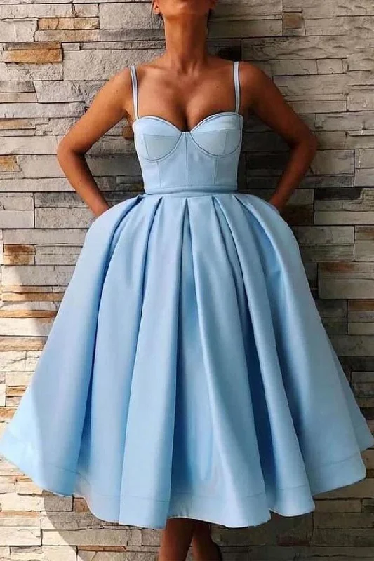 Simple Spaghetti Straps Blue Sweetheart Satin Short Homecoming Dresses with Pockets H1226 Simple Spaghetti Straps Blue Sweetheart Satin Short Homecoming Dresses with Pockets H1226