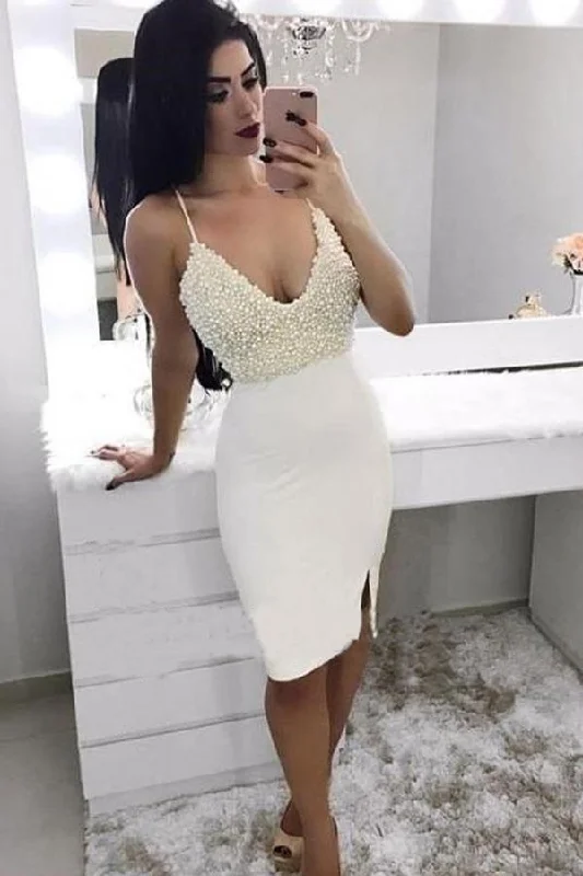 Mermaid Spaghetti Straps V Neck Ivory Beads Short Prom Dress Homecoming Dresses WK855 Mermaid Spaghetti Straps V Neck Ivory Beads Short Prom Dress Homecoming Dresses WK855