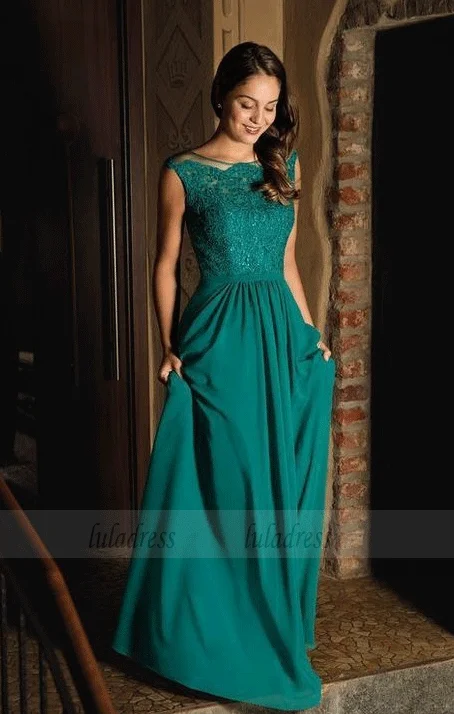 Cap Sleeves Teal Green Long Evening Dress Gown