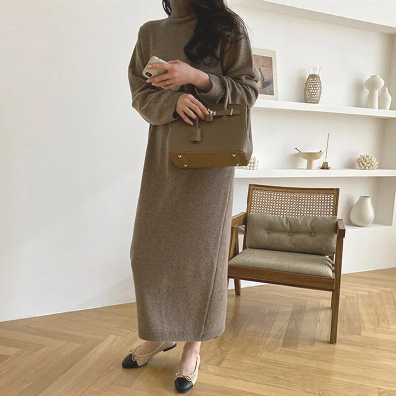 Getadme-Blue Long Wool Dress Women Chic Elegant Autumn Winter Turtleneck Knitted Vestidos Ladies Korean Street Black Soft Knitwear Getadme-Blue Long Wool Dress Women Chic Elegant Autumn Winter Turtleneck Knitted Vestidos Ladies Korean Street Black Soft Knitwear