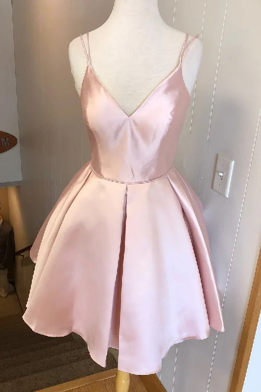 Simple V Neck Straps Short Pink Homecoming Dress Backless Satin Sweet 16 Dresses H1210 Simple V Neck Straps Short Pink Homecoming Dress Backless Satin Sweet 16 Dresses H1210