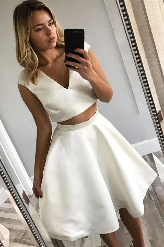 Simple Two Pieces V Neck Ivory Short Prom Dresses Knee Length Homecoming Dress H1150 Simple Two Pieces V Neck Ivory Short Prom Dresses Knee Length Homecoming Dress H1150