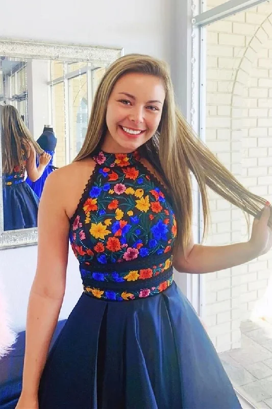 Royal Blue A-line Halter Floral Embroidery Short Homecoming Dress with Open Back H1200