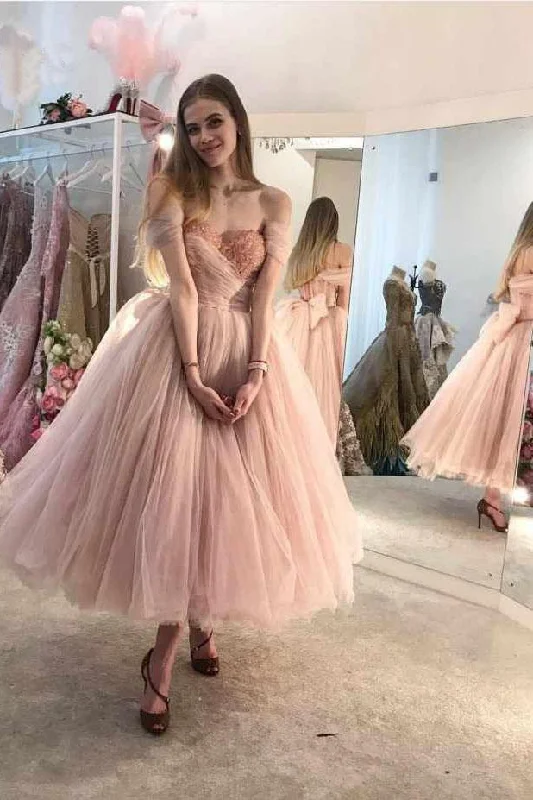 Princess Ball Gown Pink Tulle Off the Shoulder Lace up Homecoming Dresses with Bowknot H1228 Princess Ball Gown Pink Tulle Off the Shoulder Lace up Homecoming Dresses with Bowknot H1228