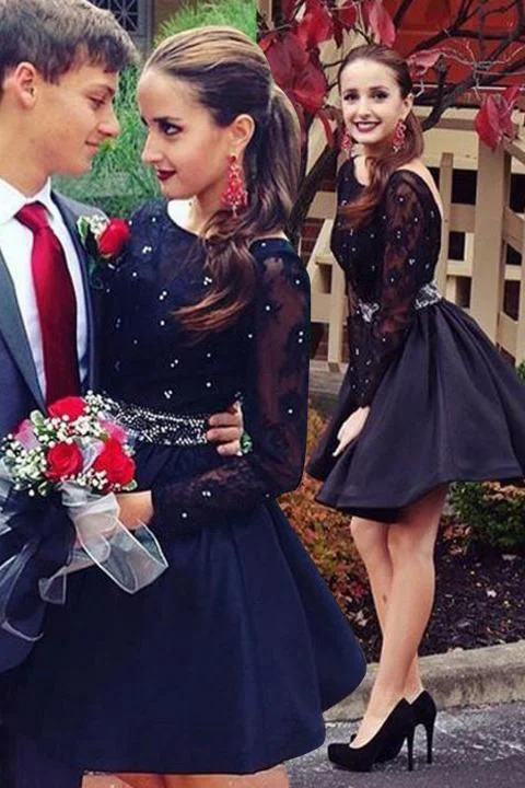 Long Sleeve Navy Blue Bateau Homecoming Dresses Open Back Short Cocktail Dresses H1209 Long Sleeve Navy Blue Bateau Homecoming Dresses Open Back Short Cocktail Dresses H1209