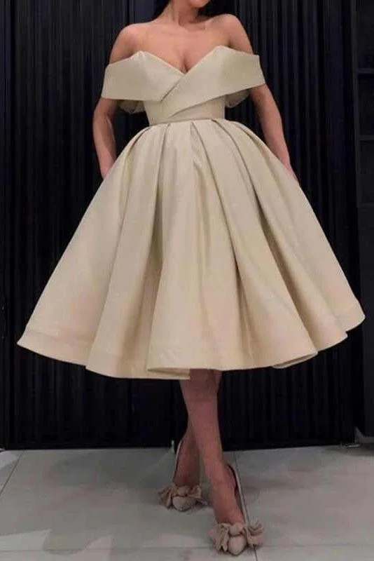 Unique Off the Shoulder Gold V Neck Ball Gown Satin Short Prom Dresses with Pockets H1230 Unique Off the Shoulder Gold V Neck Ball Gown Satin Short Prom Dresses with Pockets H1230