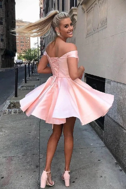 Simple Off the Shoulder Pink Homecoming Dresses Cheap Lace up Homecoming Dress H1030 Simple Off the Shoulder Pink Homecoming Dresses Cheap Lace up Homecoming Dress H1030