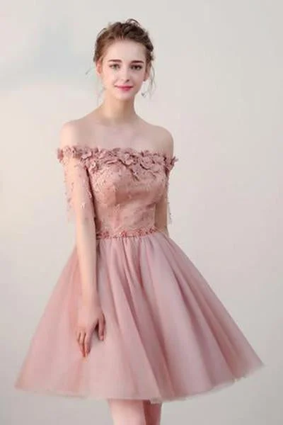 Off the Shoulder Short Sleeve Pink Above Knee Beads Flowers Lace up Homecoming Dress H1012 Off the Shoulder Short Sleeve Pink Above Knee Beads Flowers Lace up Homecoming Dress H1012