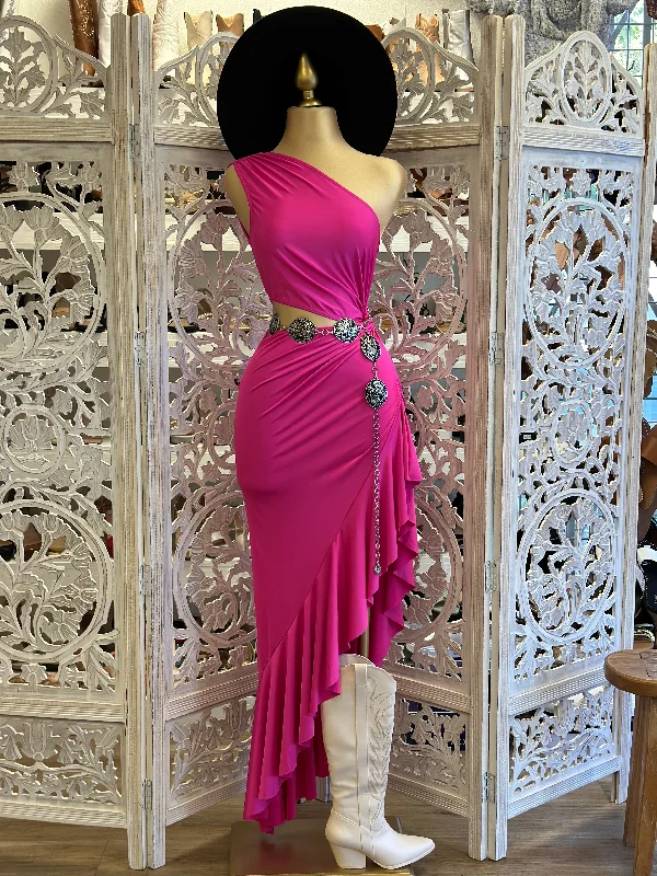 Pink One Sleeve Ruffled Dress