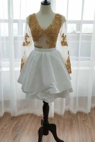 Long Sleeve V Neck White Homecoming Dresses Gold Sequins V Neck Short Prom Dress H1072 Long Sleeve V Neck White Homecoming Dresses Gold Sequins V Neck Short Prom Dress H1072