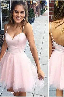 Sexy Short Cute Pink Spaghetti Straps Tulle Mini Junior Backless V-Neck Homecoming Dress WK612 Sexy Short Cute Pink Spaghetti Straps Tulle Mini Junior Backless V-Neck Homecoming Dress WK612
