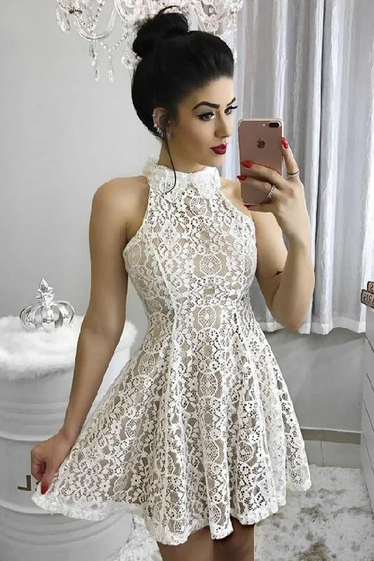 Unique A Line Ivory Halter Lace Above Knee Homecoming Dresses Short Prom Dresses H1300 Unique A Line Ivory Halter Lace Above Knee Homecoming Dresses Short Prom Dresses H1300