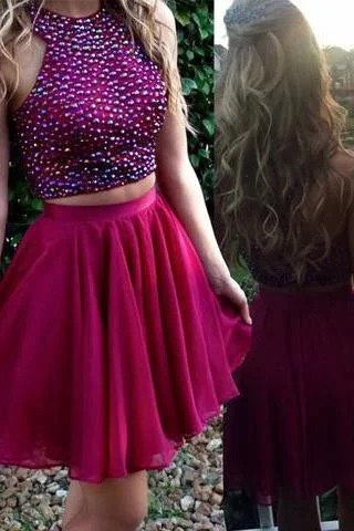 Hot Sale Two Piece Short Grape Chiffon Homecoming Dress with Beading WK444