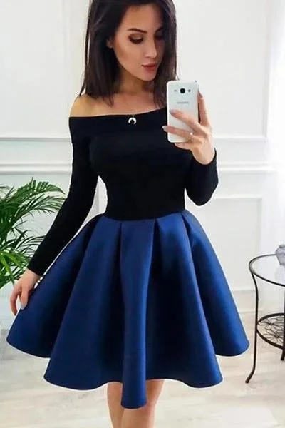 Long Sleeve Off the Shoulder Satin Royal Blue Homecoming Dresses Short Prom Dresses H1273 Long Sleeve Off the Shoulder Satin Royal Blue Homecoming Dresses Short Prom Dresses H1273