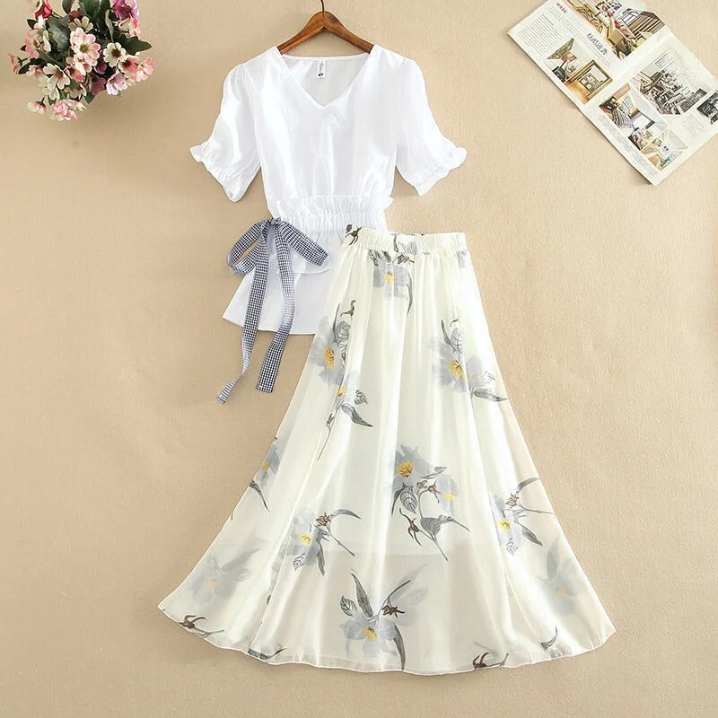 Getadme-Women's White Shirt Floral Long Dress Two Piece Suit Summer High Waist A-line Skirts Sets Korean Fashion School Casual Clothes Getadme-Women's White Shirt Floral Long Dress Two Piece Suit Summer High Waist A-line Skirts Sets Korean Fashion School Casual Clothes