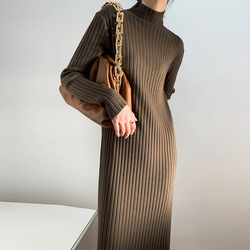 Getadme-Autumn Striped Cashmere Dress for Women Chic High Collar Thicken Knitted Vestido Ladies Business Korean Knitwear Winter Getadme-Autumn Striped Cashmere Dress for Women Chic High Collar Thicken Knitted Vestido Ladies Business Korean Knitwear Winter