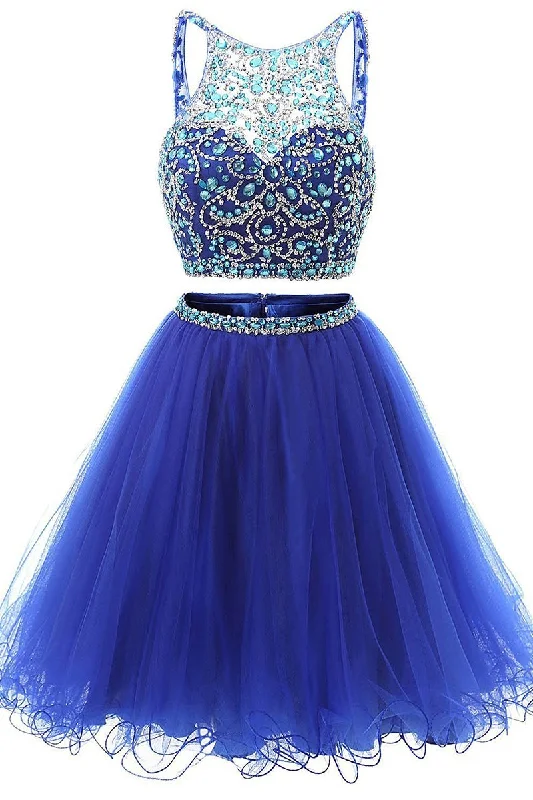 Jewel Neck Illusion Sequins Crystal Shining Two Piece Low Back Royal Blue Tulle Homecoming Dress WK877 Jewel Neck Illusion Sequins Crystal Shining Two Piece Low Back Royal Blue Tulle Homecoming Dress WK877