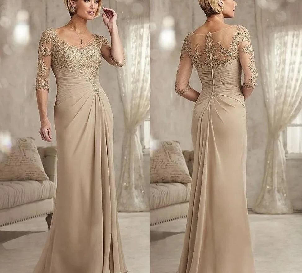 Lace Champagne Mother of The Bride Dresses Plus Size Chiffon Half Sleeves Groom Godmother Evening Dress For Wedding