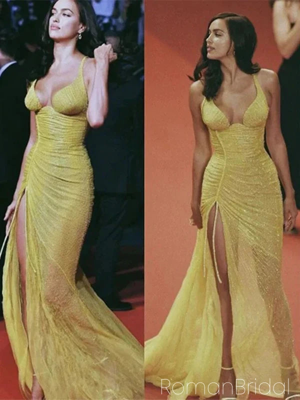 Sexy Spaghetti Straps Mermaid Side Slit Long Yellow Evening Prom Dress Online, OL045 Sexy Spaghetti Straps Mermaid Side Slit Long Yellow Evening Prom Dress Online, OL045