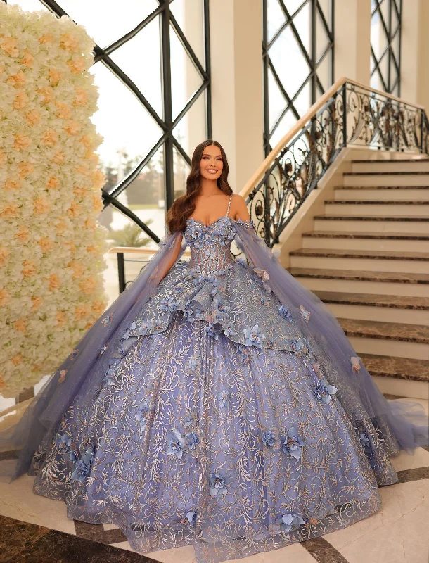 Amarra 54216 Long 3D Floral A Line Sweet 16 Glitter Quinceanera Dress